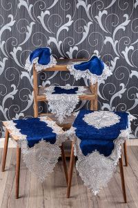 Bonny Home Efsun Mavi Kadife Üzeri Gümüş Dantelli 5 Parça Salon Takımı Masa Örtüsü Runner Seti